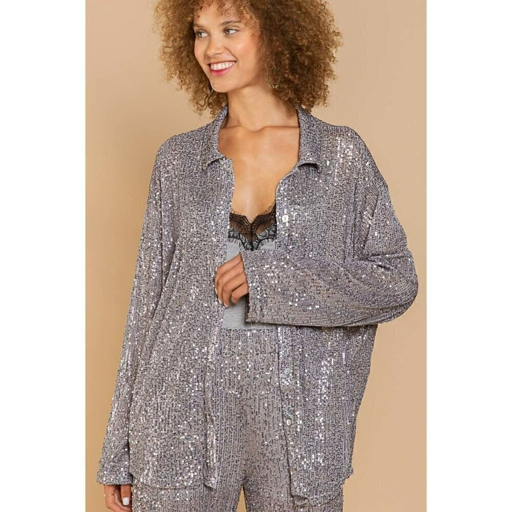 Life's a Party Sequin Button-Up Shirt in Grey - Picture 11 of 12